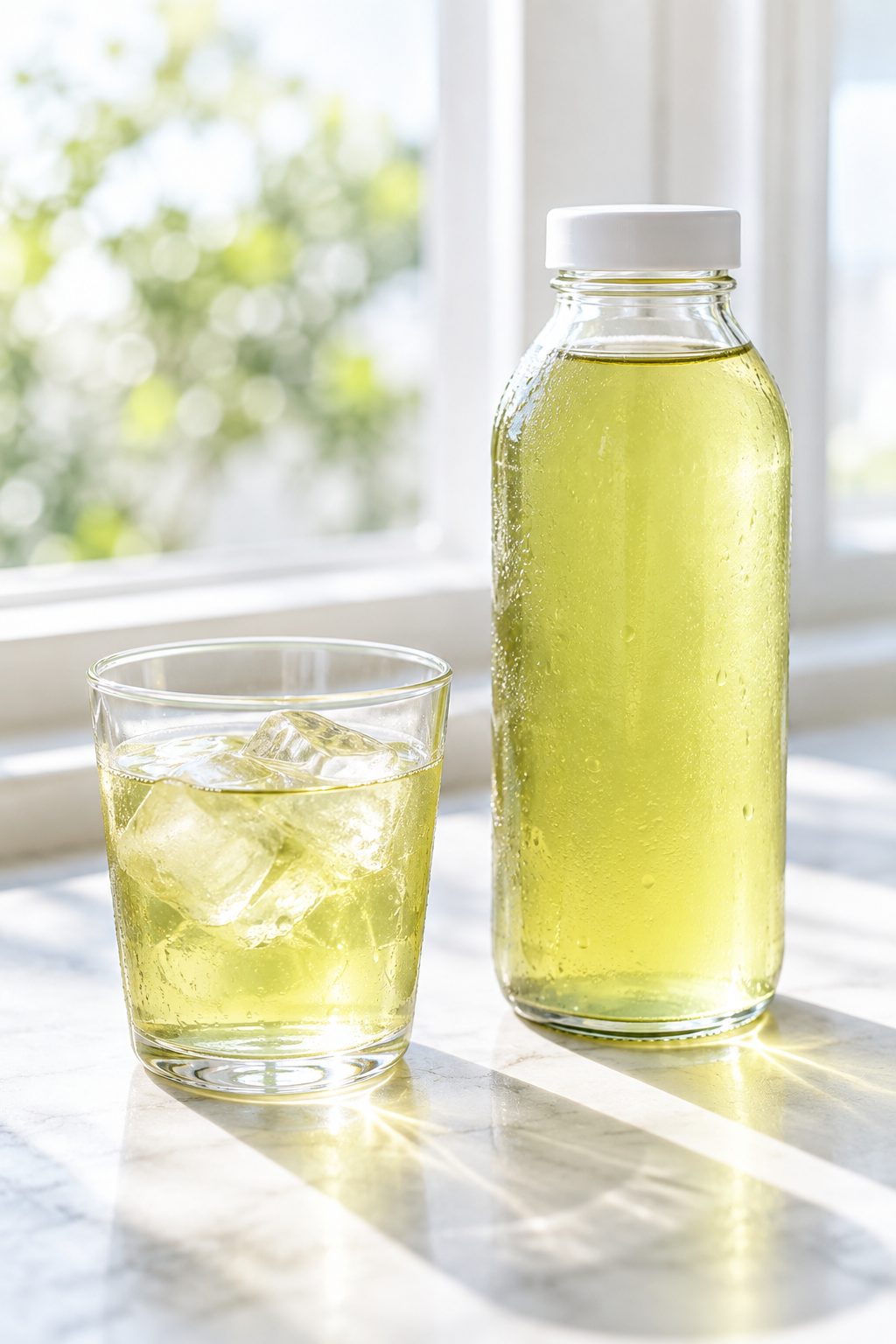 窓辺に置いた、水出しの緑茶のボトルと氷の入ったグラス