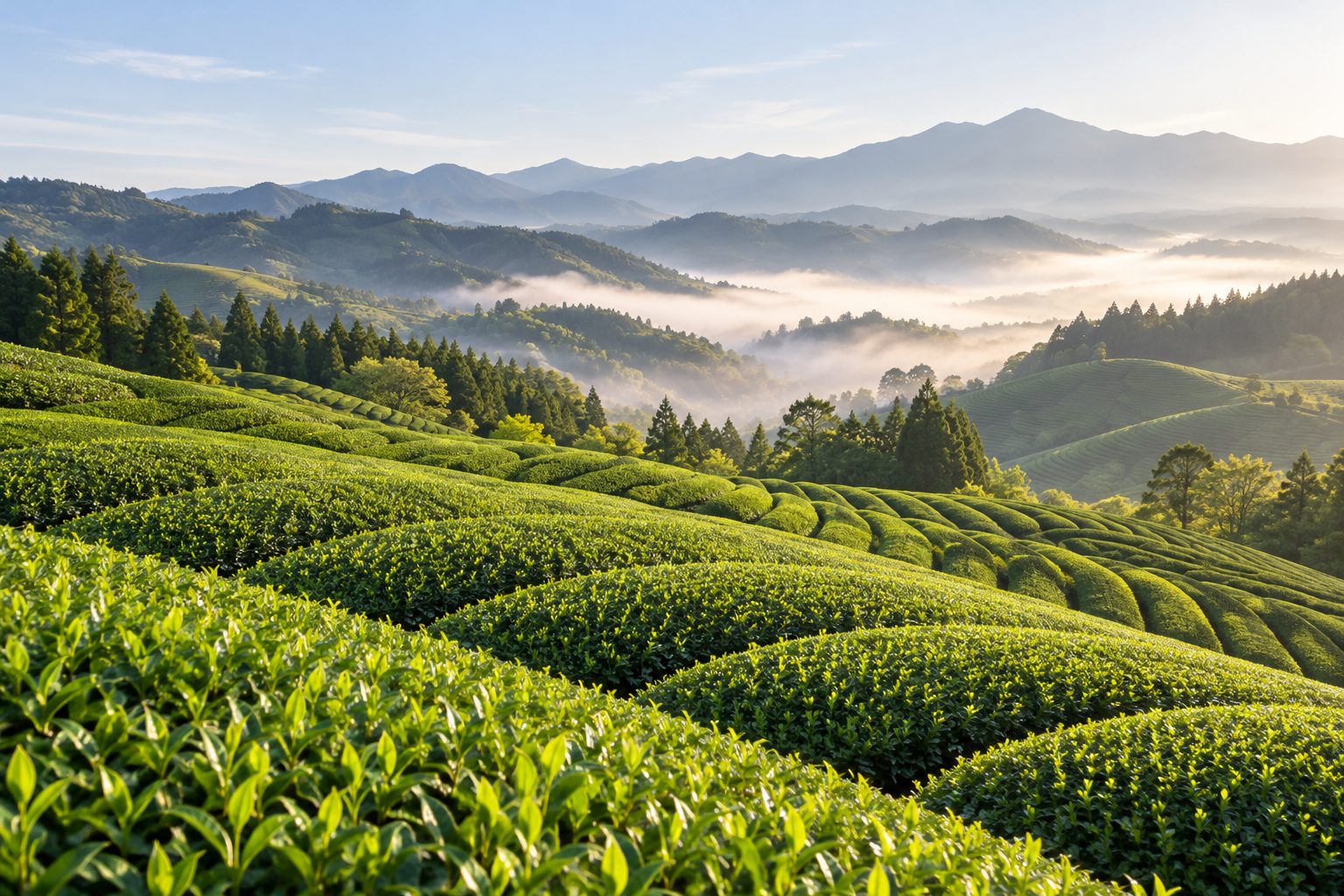朝の霧が残る丘の茶畑。かまぼこ形に刈りそろえた茶の木の列が続く