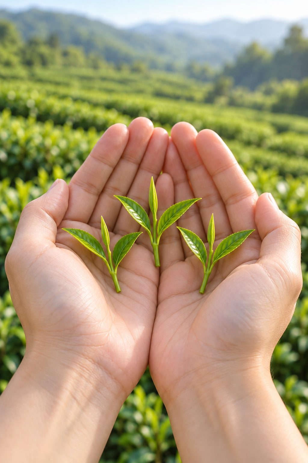 両手のひらにのせた、摘んだばかりの茶の新芽
